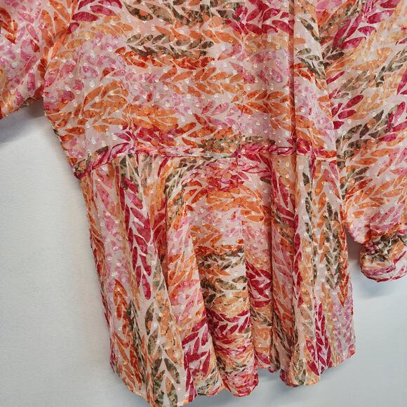 Cato Tropical Peplum Blouse Size 14/16 Pink Swiss Dot Flocked Ruffle Vacation - Picture 3 of 13